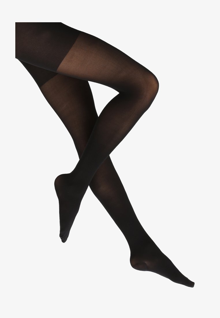 Schwarze, transparente Strumpfhosen mit einem opaken Bündchen oben, glatter Textur und tailliertem Design. Sie bedecken den Bereich vom Bund bis zu den Zehenspitzen.