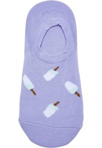 Chaussette de cheville lilas clair présentant un motif de popsicles en blanc, vert et marron. Texture douce avec un haut élastique.