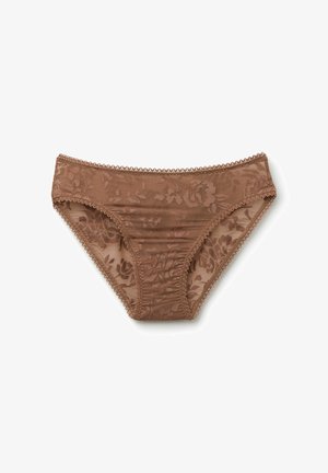 Braune, blumenmusterierte Unterwäsche aus transparentem Material. Verfügt über eine zarte Spitzenkante entlang des Taillenbundes und der Beingegenstände, mit einer strukturierten Oberfläche.