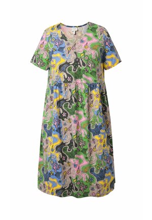 Midikleid mit kurzen Ärmeln, V-Ausschnitt und buntem abstraktem Blumen- und Wellenmuster in Grün, Pink, Blau, Gelb und Schwarz.