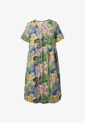 Abito midi a maniche corte con scollo a V e motivo astratto floreale e ondulato colorato in verde, rosa, blu, giallo e nero.