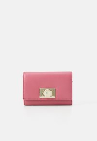 Pink leather wallet with a textured finish, featuring a gold-tone clasp closure and stitched detailing along the edges. Compact rectangular shape.