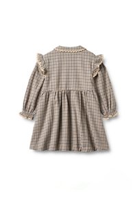 Rochie cu model gingham în nuanțe de bej și maroniu închis, cu mâneci și guler volănaș. Dispune de o fustă evazată și manșete elastice la mâneci.