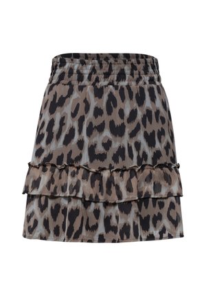 Brun og sort leopardmønstret nederdel med elastisk taljebånd og lagdelt flæsekant.