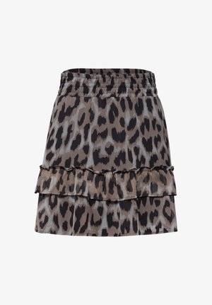 Brun og sort leopardmønstret nederdel med elastisk taljebånd og lagdelt flæsekant.