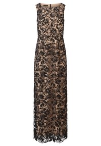 Robe de soirée en dentelle, noire sur doublure chair, sans manches, motif floral, longueur au sol, avec un ourlet en dentelle et une fermeture éclair discrète au dos.