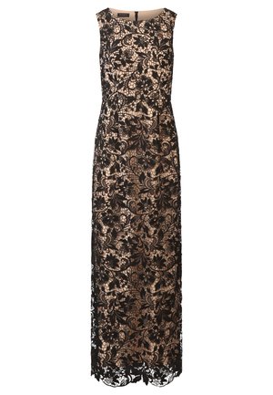 Abito da sera in pizzo, nero su fodera color carne, senza maniche, con motivo floreale, lungo fino al pavimento, con orlo scallop e zip discreta sul retro.