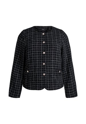 Giacca a scacchi bianco e nero, design strutturato con maniche lunghe, scollo tondo, chiusura a cinque bottoni e tasche laterali.