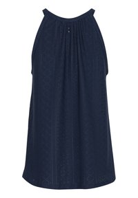 Marinblå ärmlös klänning med hög halsringning och intrikat ögla-lace mönster genom hela klänningen, flödande A-linje-siluett.