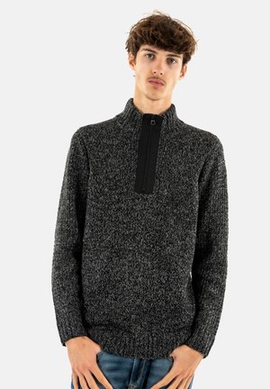 Halbzip-Fleece-Pullover in schwarzem und grauem meliertem Strick. Mit langen Ärmeln, geripptem Saum und einer schwarzen Reißverschlusstasche am Hals.