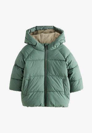Zelená prošívaná zimní bunda s kapucí a předním zipem, vybavená dvěma bočními kapsami a béžovou fleecovou podšívkou uvnitř kapuce.