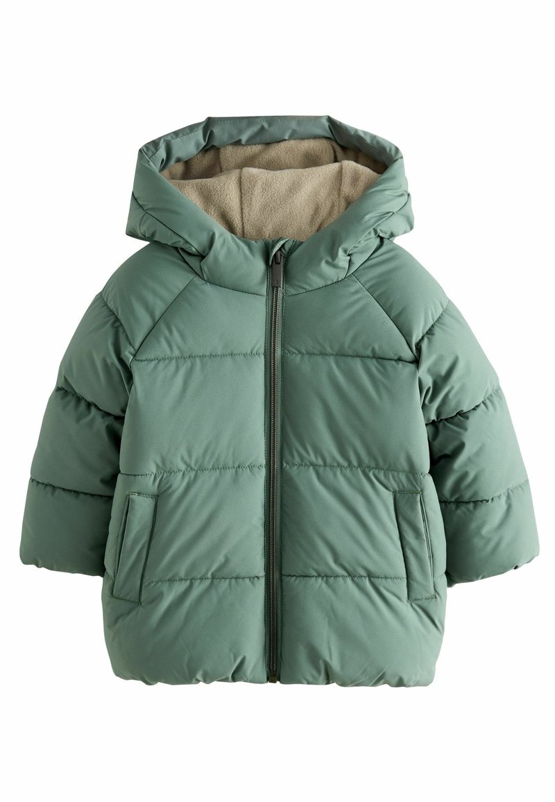 Green padded winter jacket with hood and front zipper, featuring two side pockets and beige fleece lining inside the hood.