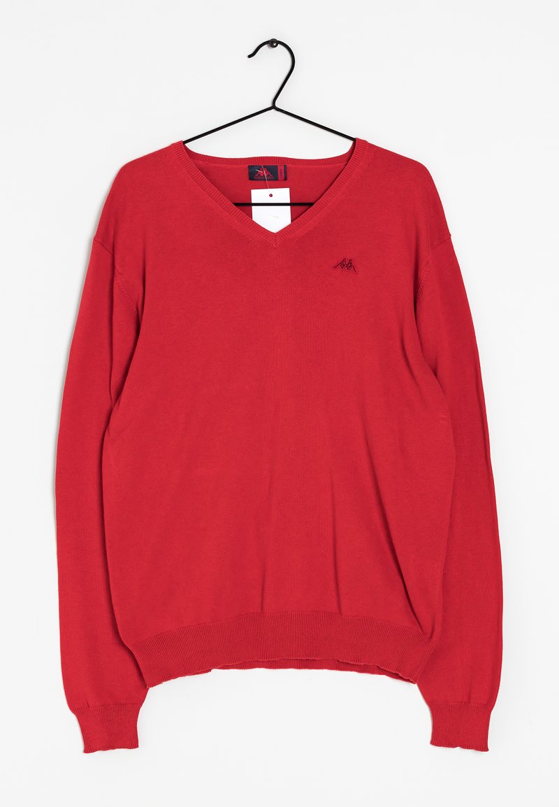Roter V-Ausschnitt-Pullover mit langen Ärmeln, gerippten Bündchen und Saum sowie einem gestickten Logo auf der linken Brust. Hergestellt aus einem weichen, glatten Material.