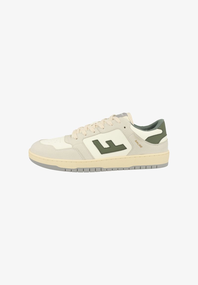 Sneakers with a white and light gray textile upper, green detailing, and a cream rubber sole. Features a prominent logo on the side.