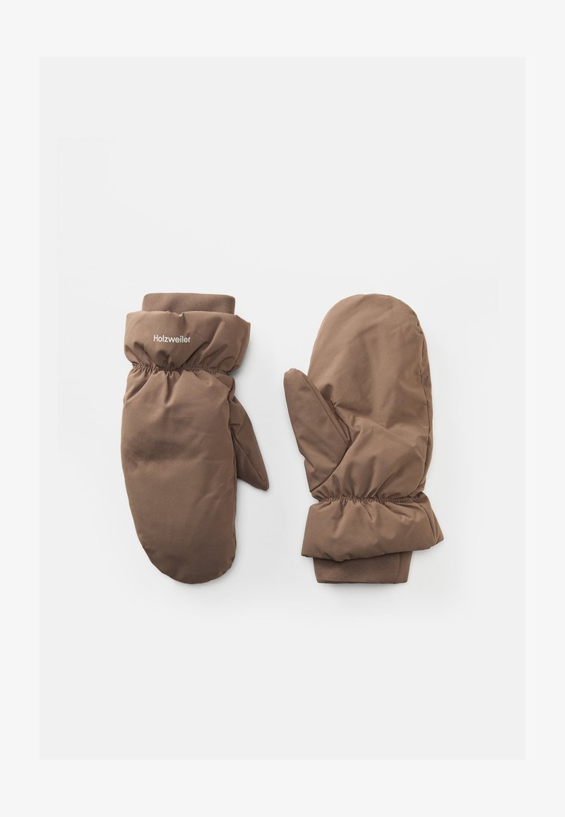 Moufles isolées marron en tissu doux, avec un poignet élastique et des détails de logo discrets. Texture lisse avec une forme arrondie.