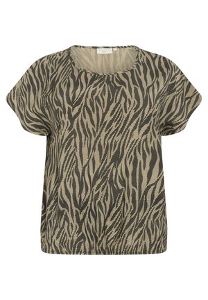 T-shirt à coupe ample, à manches courtes, col rond, présentant un motif zèbre en noir et beige sur un tissu texturé.