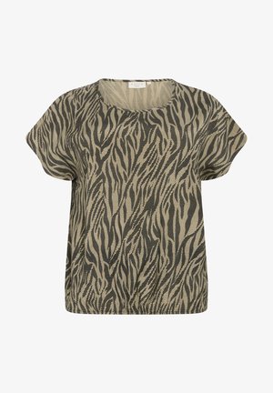 Rövid ujjú, bő szabású felső, bézs és fekete tigriscsík mintával díszített, texturált anyagon, környakkivágással.