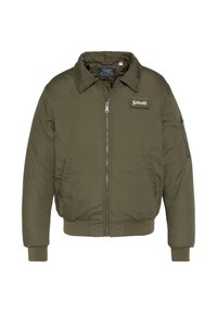 Bomberjack in olijfgroen van gladde stof, met een ritssluiting aan de voorkant, geribbelde boorden en zoom, en een patch met logo op de linkerborst.