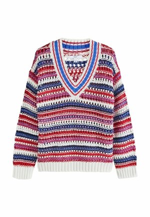 Maglione a V lavorato a uncinetto con righe orizzontali in rosso, bianco, viola e blu, con polsini e orlo a coste.