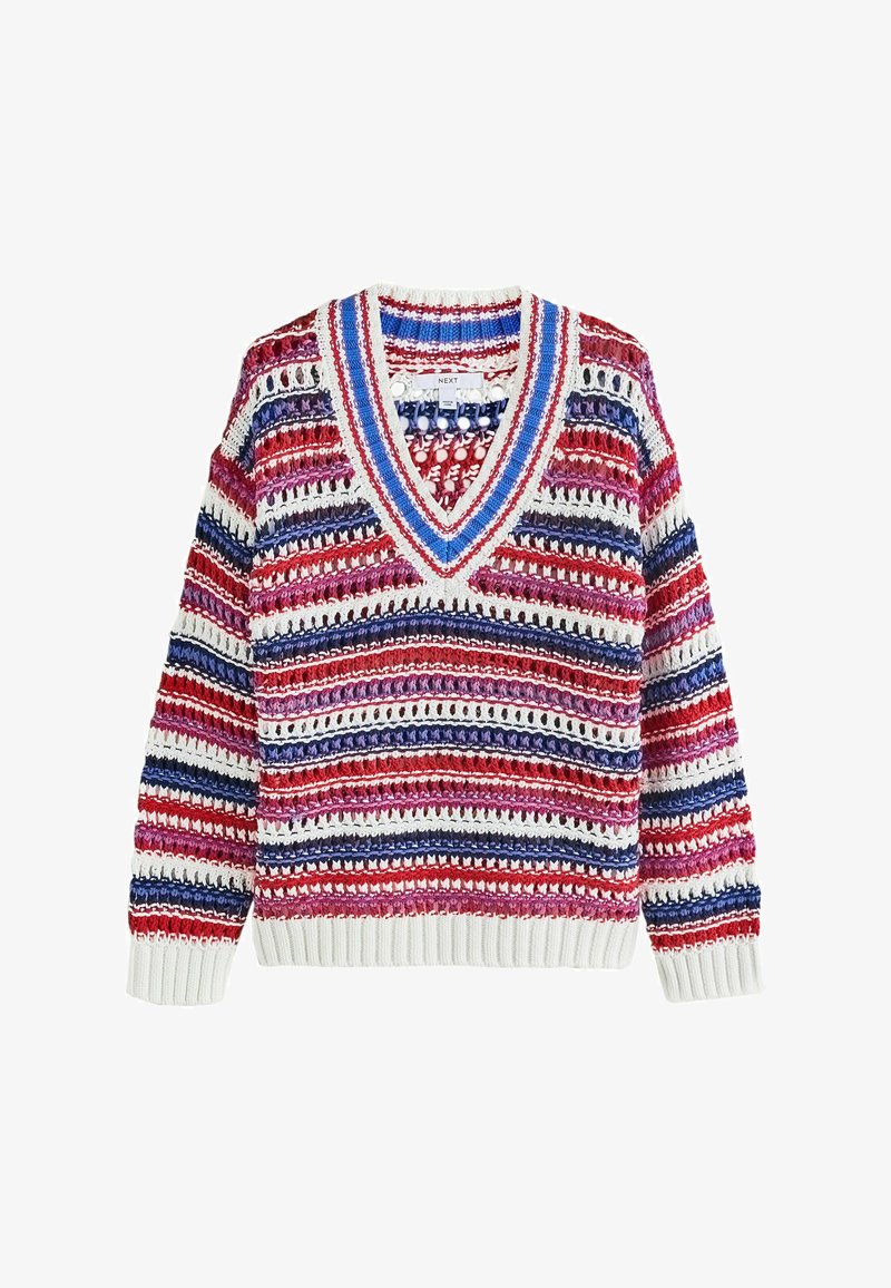 Gehäkelter Pullover mit V-Ausschnitt und horizontalen Streifen in Rot, Weiß, Lila und Blau, mit gerippten Bündchen an Ärmeln und Saum.