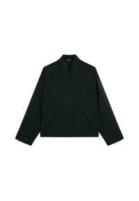 Black collared jacket with a button-up front, subtle textured fabric, and long sleeves, featuring a cropped cut and no prominent patterns.