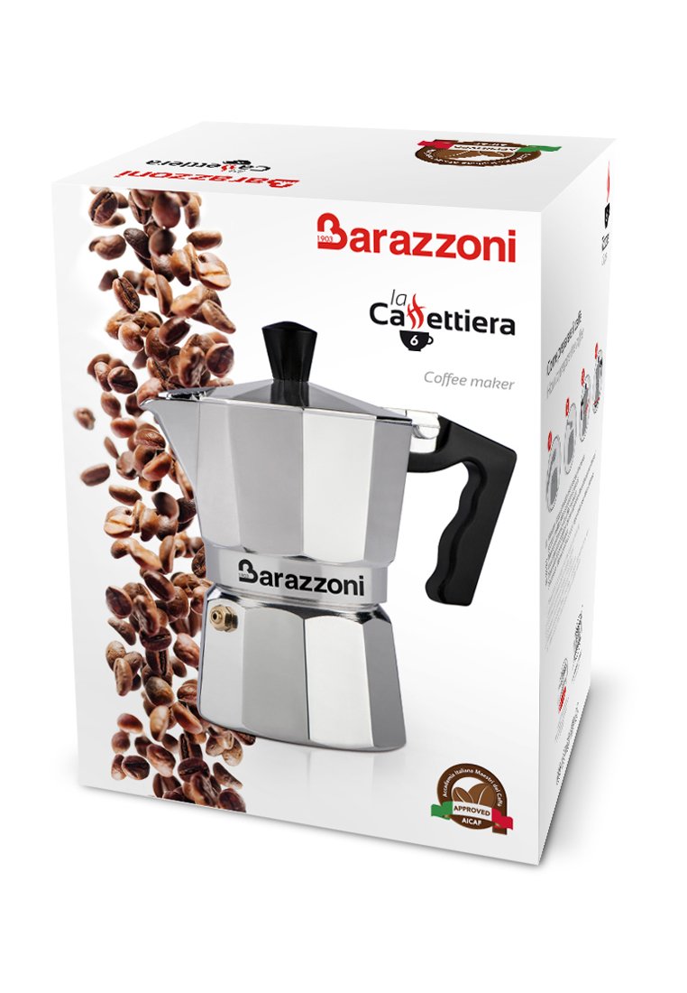 Barazzoni die Mittelalter Kaffeekanne mit schwarzem Griff, umgeben von herabfallenden gerösteten Kaffeebohnen auf weißem Hintergrund.