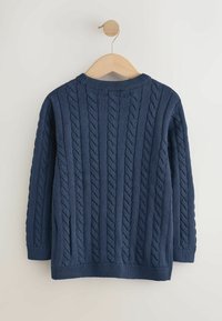 Meresinisest fliisist kudumiga kampsun, millel on soonikuga kaelus ja varrukaservad ning tekstuuriga põimunud palmiku mustriga. Ripub puidust riidenagilt.