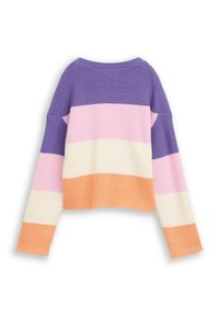 Gestrickter Pullover mit vertikalen Streifen in Lila, Pink, Weiß und Orange. Lockere Passform mit rundem Ausschnitt und angesetzten Schultern.