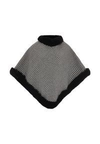 Houndstooth-mønstret sort og hvid poncho med en sort kunstpelskrave og -kant, der har en trekantet form og blød tekstur.