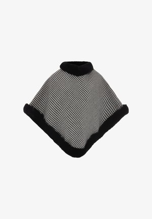 Fekete-fehér houndstooth mintázatú poncsó fekete műszőrme gallérral és szegéllyel, háromszögletű alakú és puha tapintású.