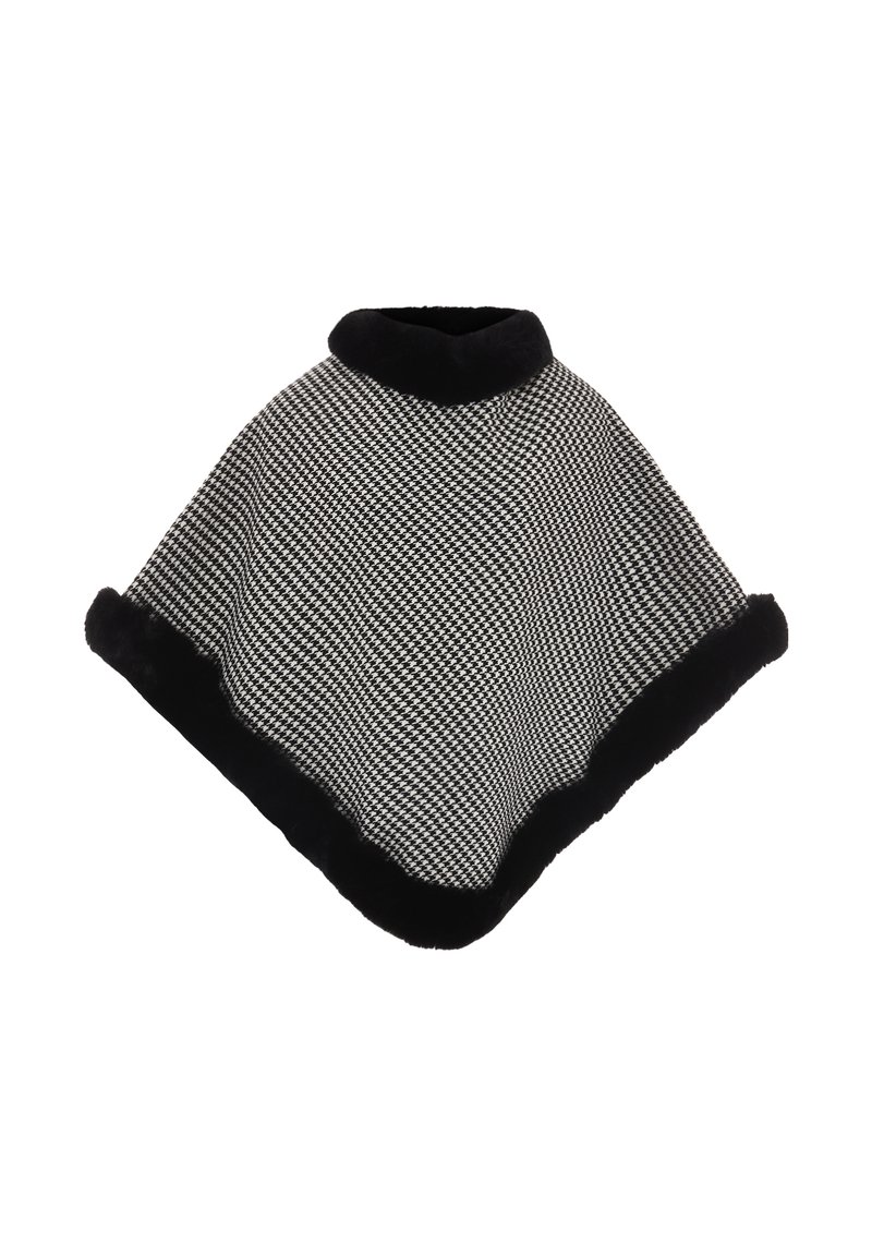 Houndstooth-mønstret sort og hvid poncho med en sort kunstpelskrave og -kant, der har en trekantet form og blød tekstur.