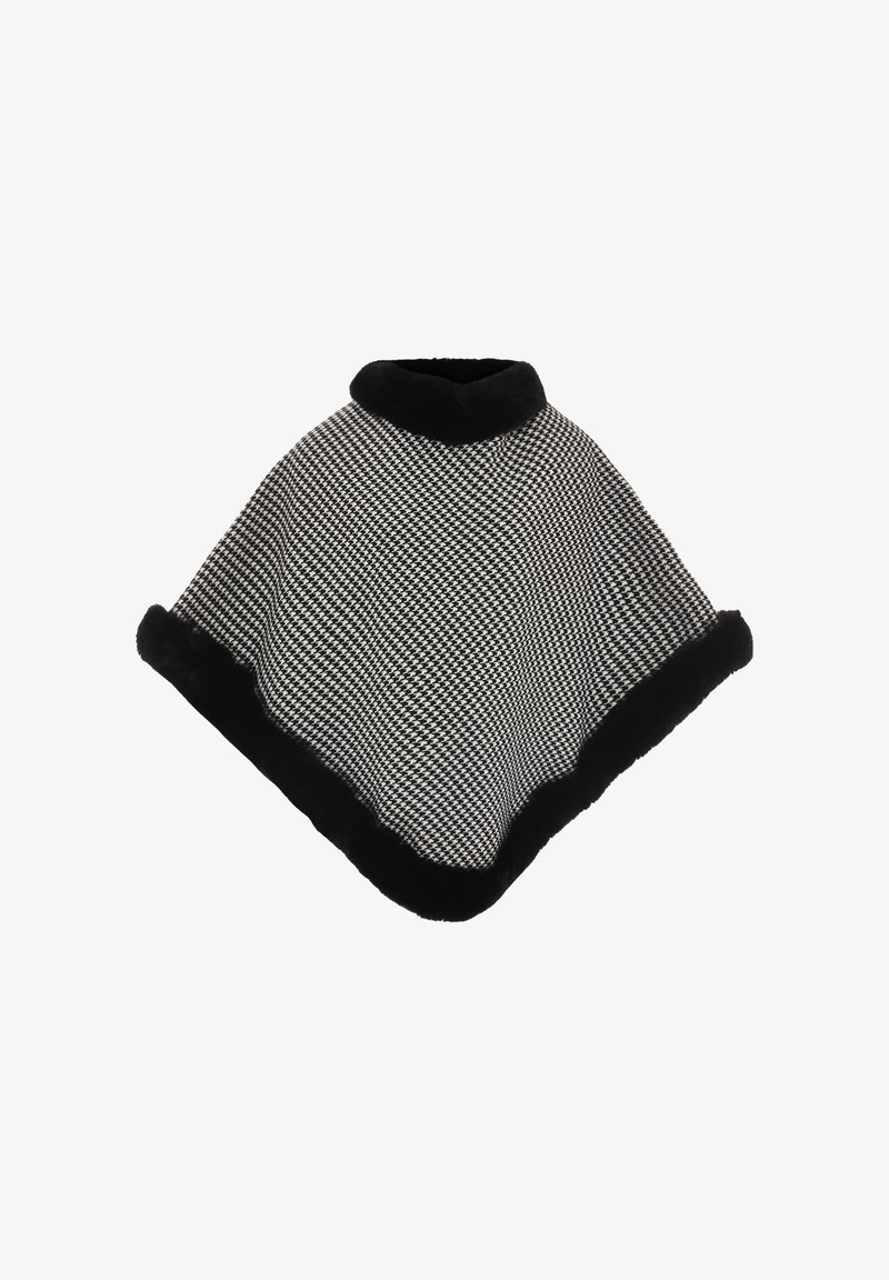 Svart och vit poncho med houndstooth-mönster, försedd med en svart fuskpälskrage och trim. Den har en triangulär form och en mjuk textur.