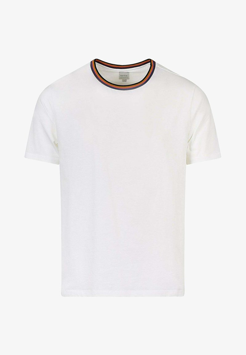 Valge puuvillane T-särk ümarate kaeluste ja mitmevärvilise triibulise aktsendiga. Lühikesed varrukad ja sirge helk, kerge tekstuur.