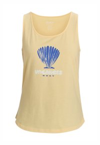 Un débardeur en coton jaune avec un graphique de coquillage bleu et le mot "VACANCES" en blanc, avec une coupe décontractée et légèrement ample.