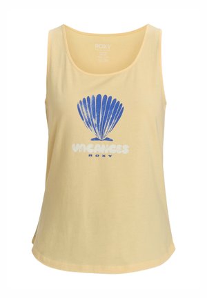 Un débardeur en coton jaune avec un graphique de coquillage bleu et le mot "VACANCES" en blanc, avec une coupe décontractée et légèrement ample.