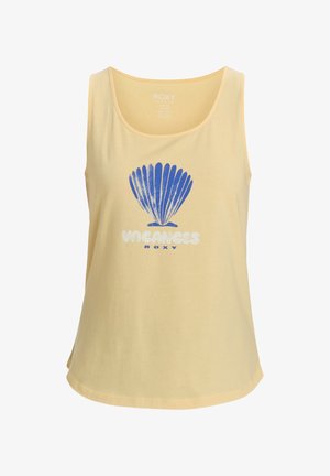 Geel katoenen tanktop met een blauwe schelpgrafiek en het woord "VACANCES" in het wit, met een relaxed, iets losse pasvorm.