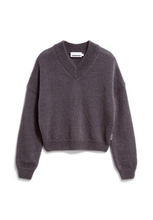 V-Ausschnitt, cropped Pullover in dunkelgrau, gestrickte Textur, mit überschnittenen Schultern, gerippten Bündchen und Saum. Markenlabel auf der Innenseite des Halsausschnitts.