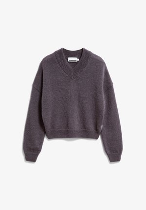 Maglione a V-scollo, cropped, di colore grigio scuro, con texture in maglia, spalle scese, polsini e orlo a costine. Etichetta del marchio all'interno del colletto.