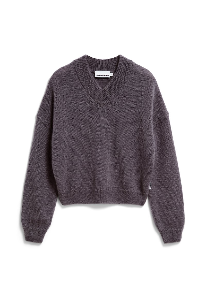 V-hals, cropped trui in donkergrijs, gebreide textuur, verlaagde schouders, geribde manchetten en zoom. Merkenlabel aan de binnenkant van de halslijn.