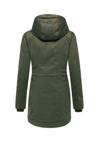 Olive green waterproof jacket with a hood, featuring a cinched waist, elastic cuffs, and a logo patch at the back. Smooth texture and knee-length.