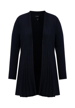 Ciemnogranatowy, długi sweter kardigan z dzianiny prążkowanej, z długimi rękawami, otwartym przodem, rozkloszowanym dołem i pionowym teksturowanym wzorem.