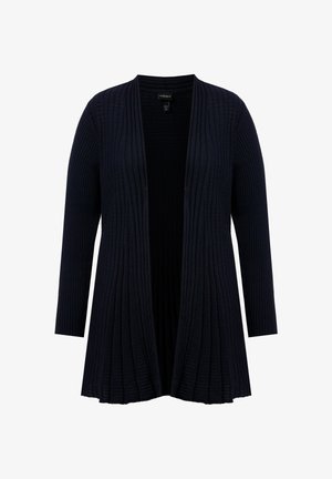 Cardigan a maniche lunghe blu navy scuro, aperto sul davanti, in maglia a coste con orlo svasato e motivo verticale testurizzato.