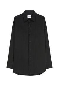 Zwarte button-up shirt met een klassieke kraag, lange mouwen en een rechte zoom. Gemaakt van soepele stof met een subtiele textuur.