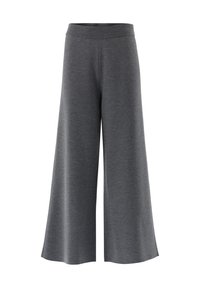 Graue, weitgeschnittene Hose aus weichem, strukturiertem Stoff mit einem glatten Bund und ohne sichtbare Taschen.