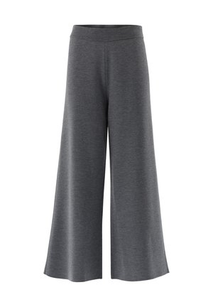 Graue, weitgeschnittene Hose aus weichem, strukturiertem Stoff mit einem glatten Bund und ohne sichtbare Taschen.