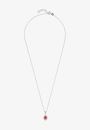 Silberkette mit einem ovalen rotfarbenen Edelstein-Anhänger, umgeben von kleinen klaren Edelsteinen. Zartes Gliederdesign mit einem Verschluss.