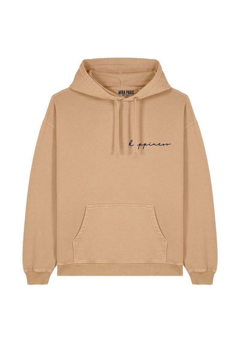 Felpa beige con cappuccio regolabile, tasca a marsupio frontale e testo "felicità" in corsivo nero sul petto. Materiale in cotone.
