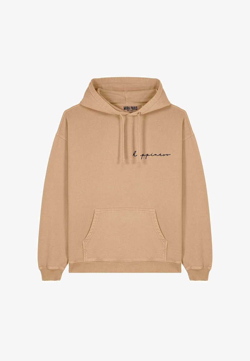 Felpa beige con cappuccio regolabile, tasca a marsupio frontale e testo "felicità" in corsivo nero sul petto. Materiale in cotone.