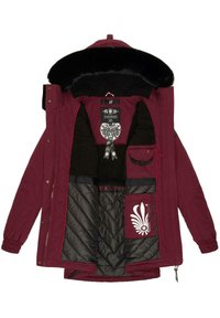 Burgundy insulated jacket with a faux fur collar, featuring quilted black lining, multiple pockets, and decorative interior patterns.