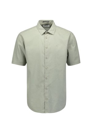 Kurzärmliges Hemd aus leichtem grünen Baumwollstoff; verfügt über einen klassischen Kragen und sieben Knöpfe auf der Vorderseite, mit glatter Textur und ohne Muster.